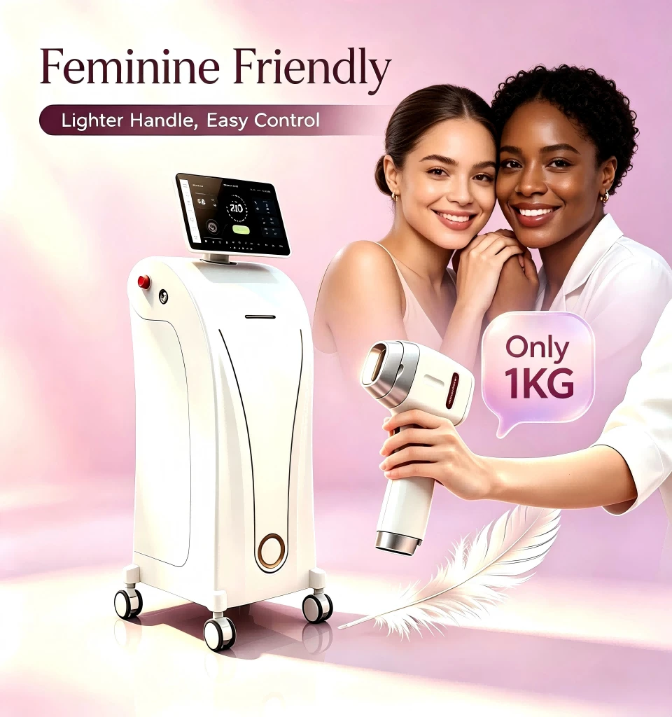 -Thiết kế tay cầm siêu nhẹ 1 phút Tự chẩn đoán lỗi Máy tẩy lông bằng laser Diode cố định chuyên nghiệp 4 bước sóng với AI